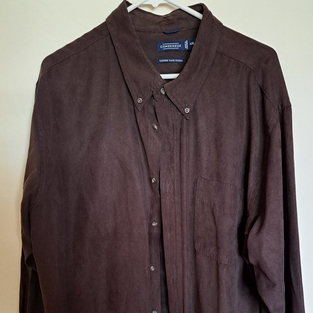Consensus Luxury Faux Suede Button Front Shirt Men's size XXL Brown Pre-Owned